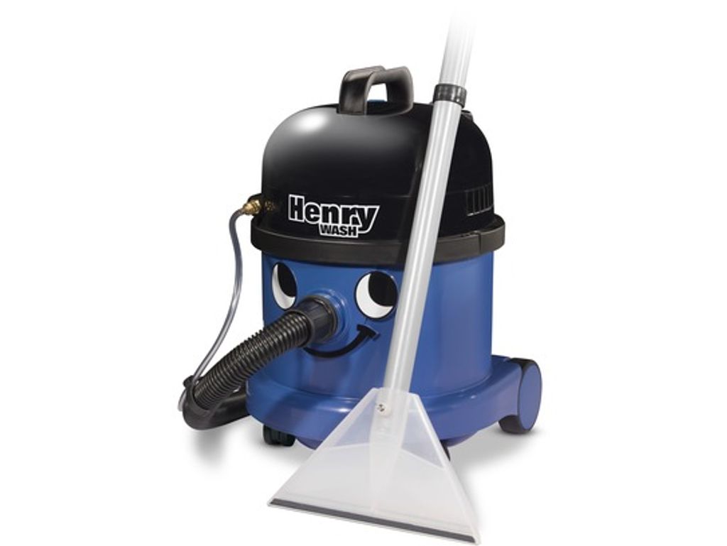 A blue and black Numatic Henry Wash carpet cleaner with a clear plastic cleaning attachment and hose, set against a white background.