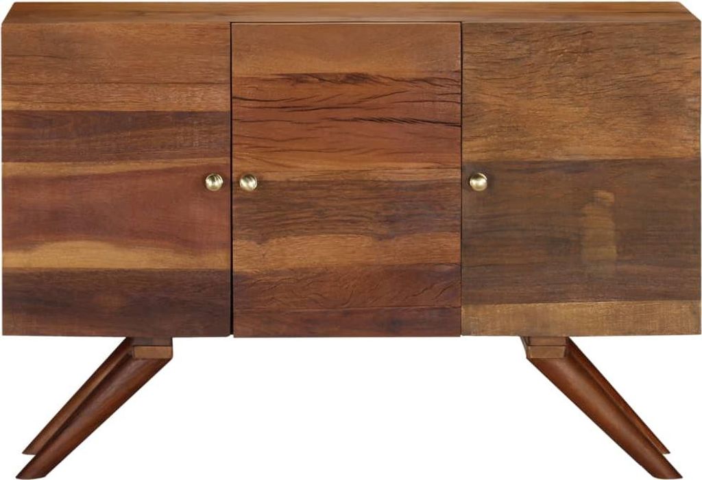 A wooden sideboard with three doors and angled legs, presented against a white background.