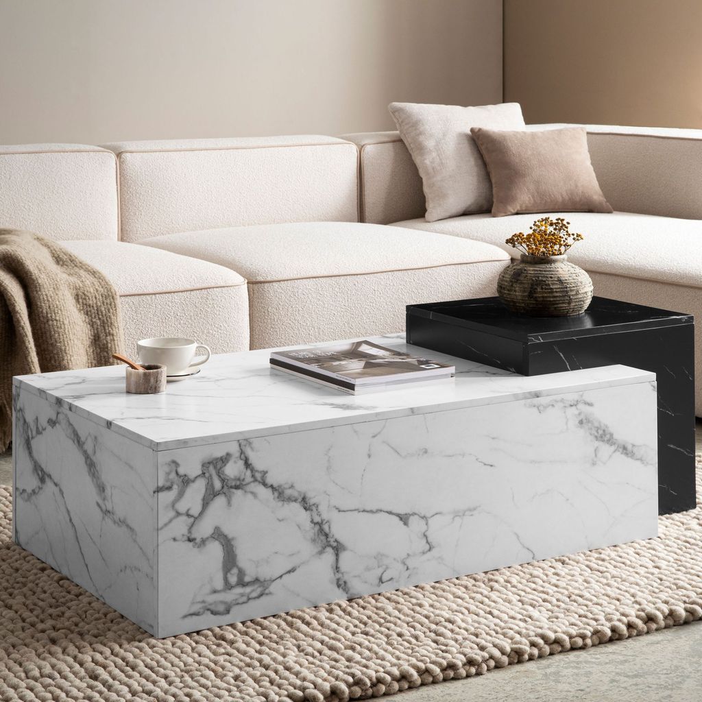 FineBuy Couchtisch 120x60x40 cm Weiß Schwarz Sofatisch in Marmor-Optik Modern Wohnzimmertisch Rechteckig Loungetisch zwei Ebenen Kaffeetisch Groß