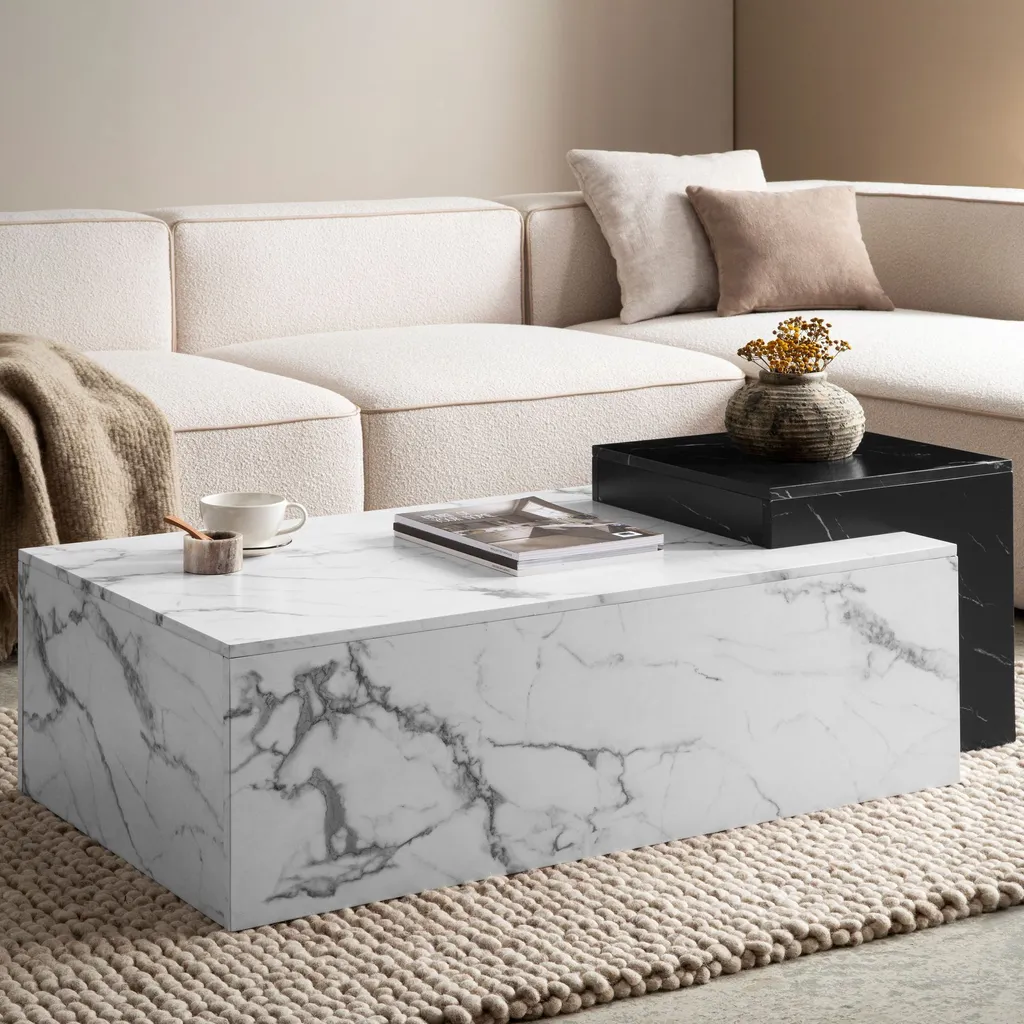 Table basse moderne marbre 120 cm avec rangement double plateau noir