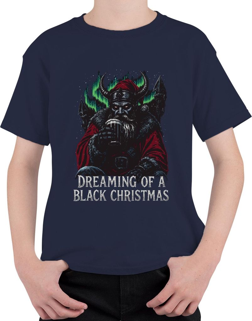 Dreaming of a Black Christmas Viking Santa Norse Aurora Beer Uni Kinder T-Shirt, Navy, 116