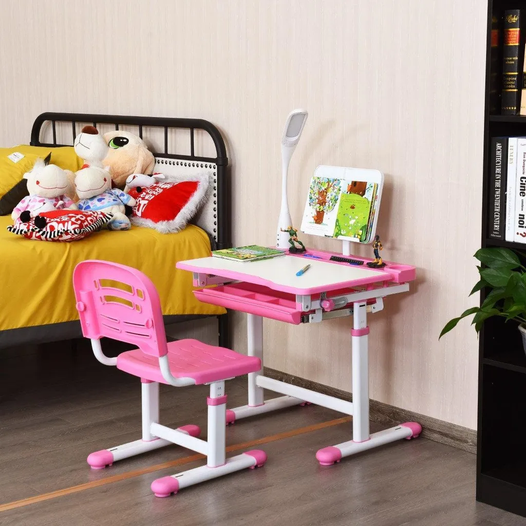 Bureau étudiant rose inclinable pour enfant avec lampe LED et sa chaise - 3