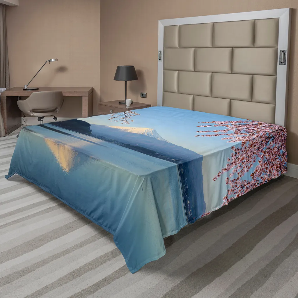 Drap de lit doux imprimé numérique montagne japonaise et lac de fleurs