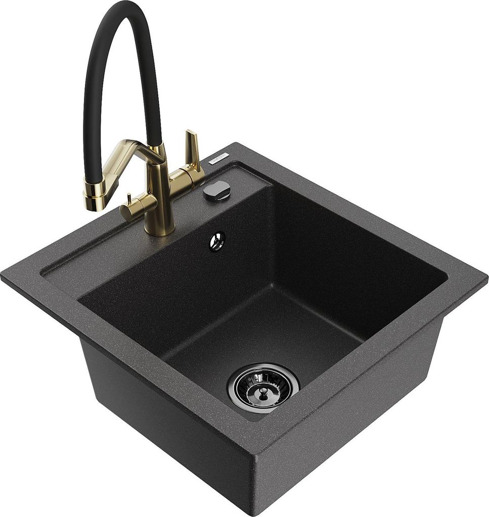 Mexen Vito 1-Becken-Granitspüle mit Mischbatterie Duo, Schwarz gesprenkelt - 6503-76-671701-57-B