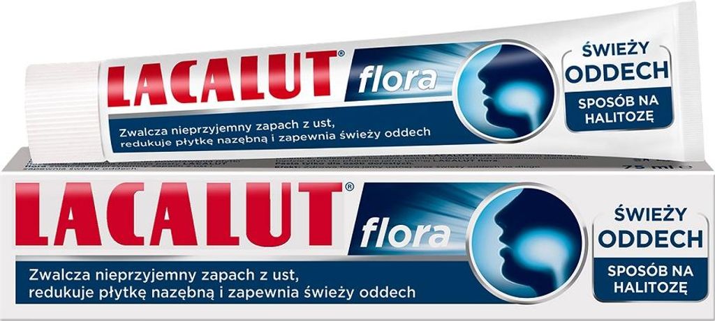 A tube of LACALUT Flora toothpaste and its packaging.