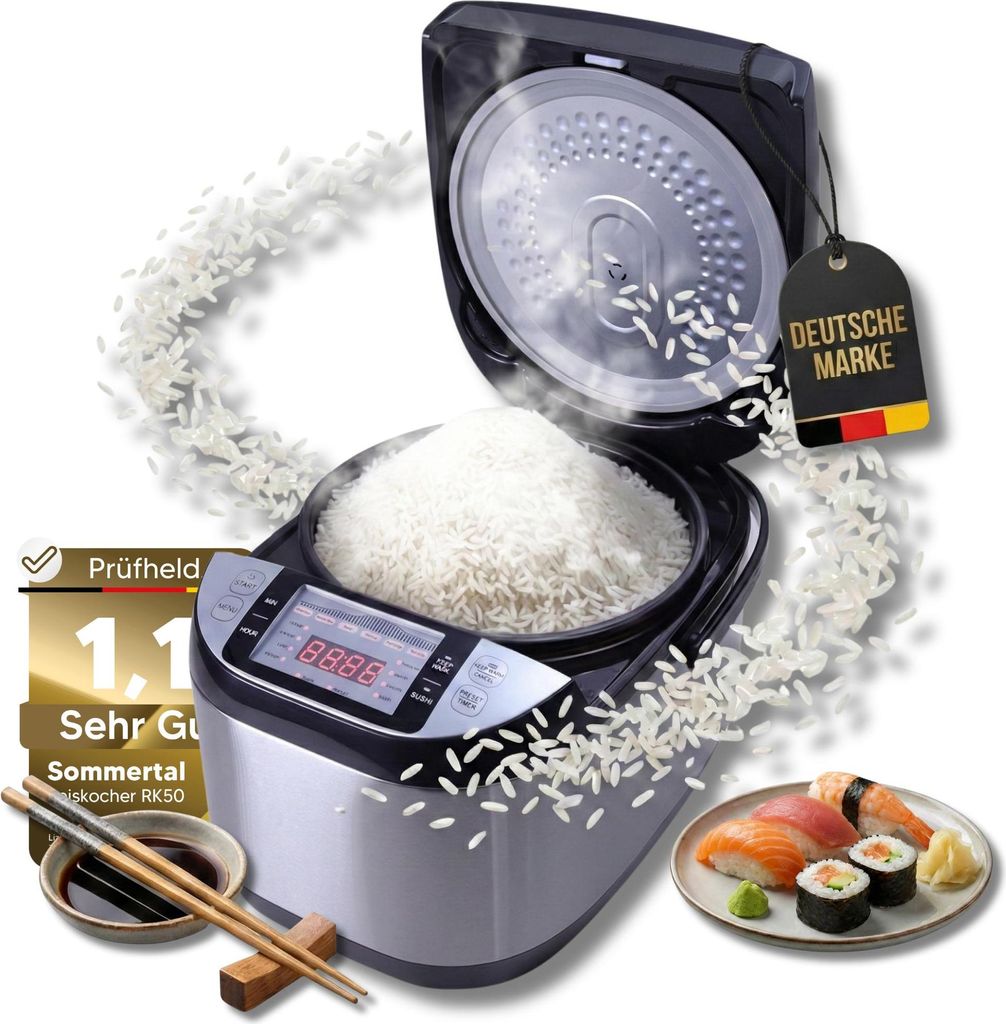 Sommertal Reiskocher RK50 5 Liter – Elektrischer Reiskocher mit 3D Heizsystem, Warmhaltefunktion & Timer – Reiskocher mit Touch Bedienung – 790W