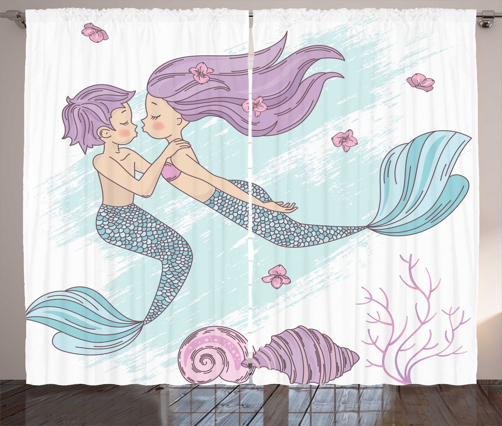 ABAKUHAUS Meerjungfrau Rustikaler Vorhang, Unterwasser-Paar, Wohnzimmer Universalband Gardinen mit Schlaufen und Haken, 280 x 175 cm, Lila Babyblau