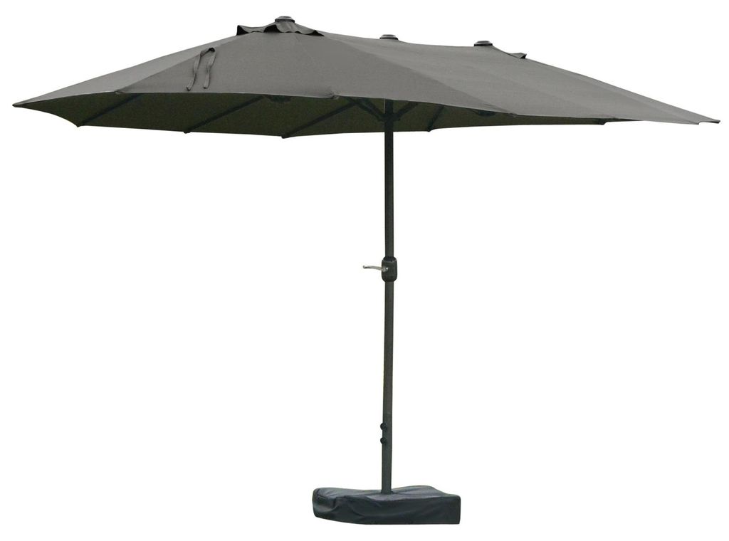 Doppelsonnenschirm 455 x 265 cm mit Kreuzfuß Gewicht Handkurbel zweiteilige Stange 12 Metallstreben UV-Schutz Dunkelgrau