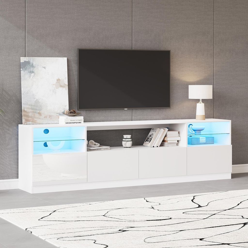 Merax Hochglanz TV-Schrank mit LED, TV Lowboard mit 4 Türen und 8 Staufächer,Fernsehtisch mit Glasregalen für bis zu 75 Zoll,TV Board aus MDF, W...