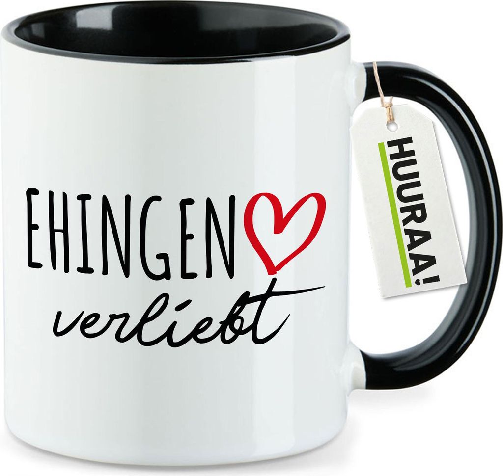 Huuraa Kaffeetasse Ehingen verliebt 330ml Schwarz Keramik Kaffeebecher Geschenkidee