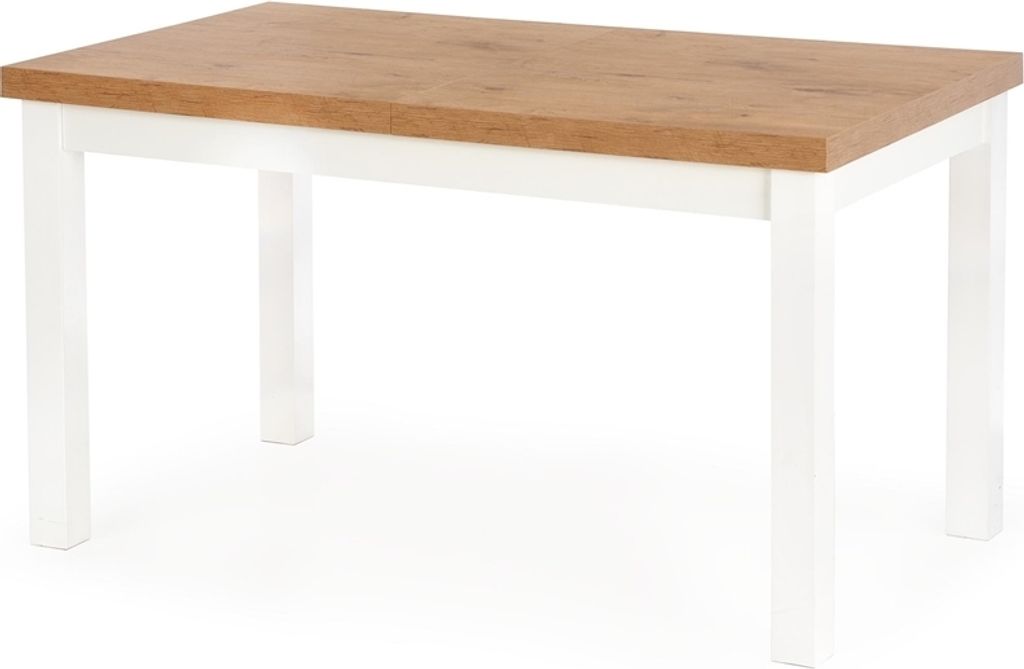 A rectangular dining table with a wooden top and white legs, presented against a white background.