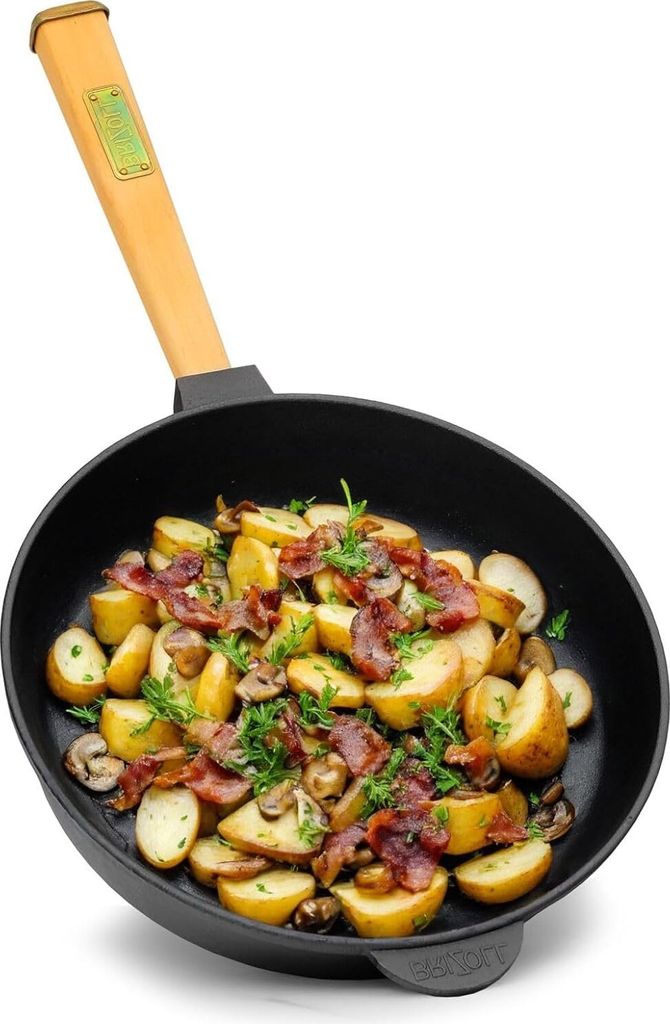 Ø28cm Pfanne aus Gusseisen mit Holzgriff abschraubbar 55mm hoch Gusseisenpfanne Bratpfanne Steakpfannen Cast Iron Pan Feuerpfanne geeignet für Ga...