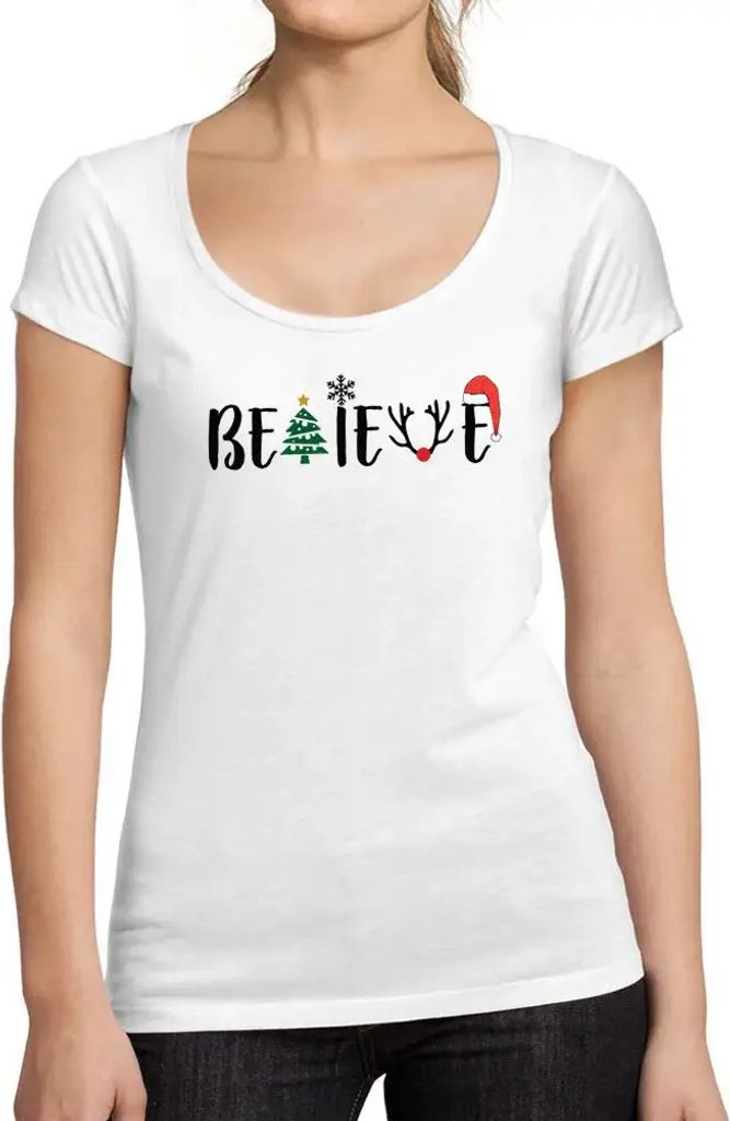 Damen Grafik T-Shirt Weihnachten glauben Baum xmas – Christmas Believe Tree Xmas – Öko-Verantwortlich Vintage Jahrgang Kurzarm Lustige Druck