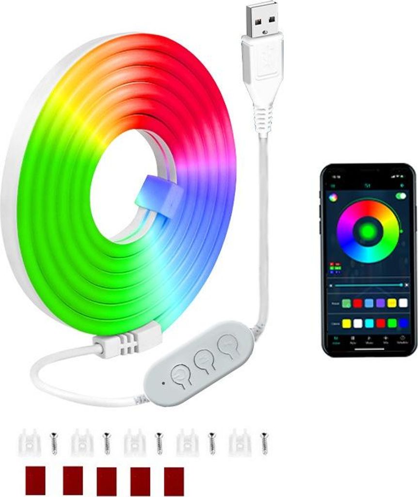 INF 4M USB Neon Lichtleiste – 60 LEDs/M, Bluetooth Steuerung, 5 Halterungen