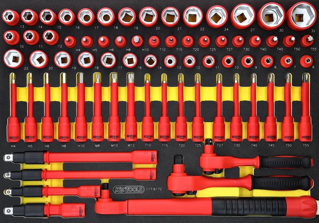 KS TOOLS 3/8"+1/2" Isolierter Steckschlüssel-Satz mit Drehmomentschlüssel in Schaumstoffeinlage 72tlg. - 117.6172