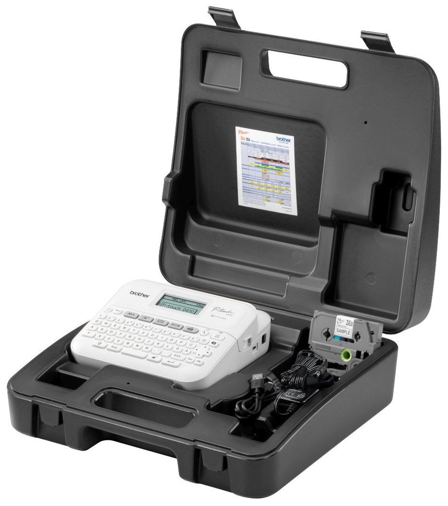 A Brother P-touch D410VP label maker and accessories are displayed inside an open black carrying case.