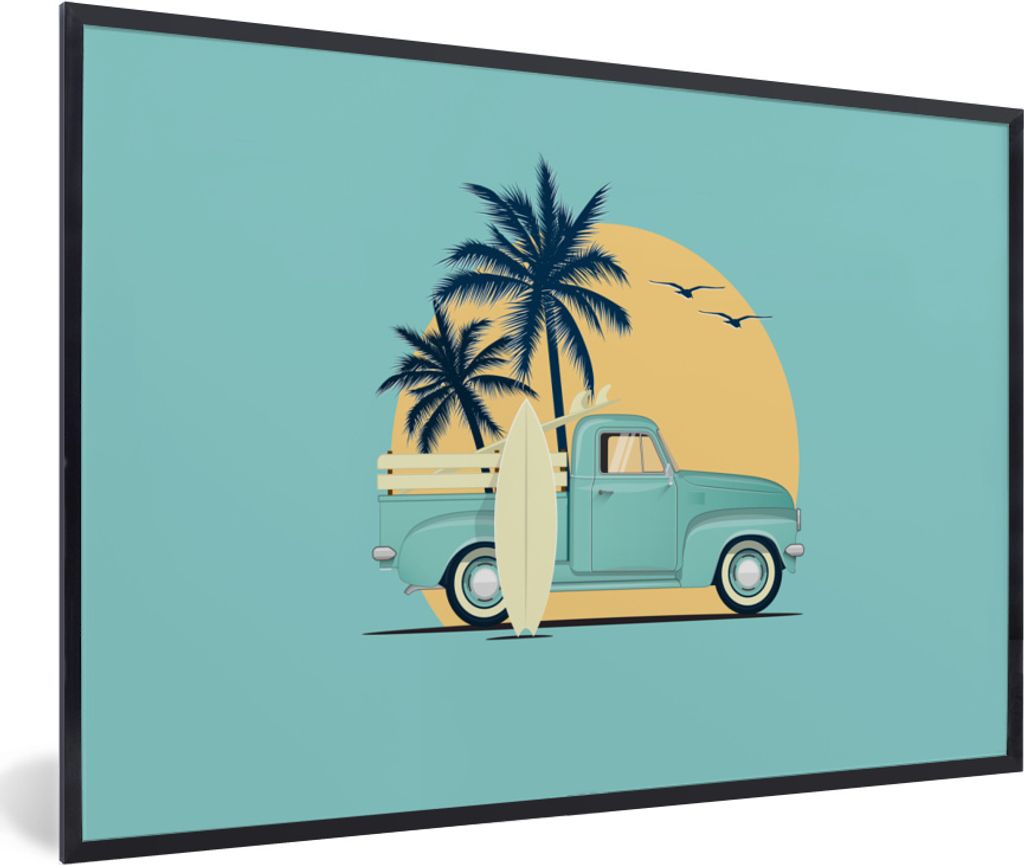 MuchoWow MuchoWow Gerahmtes Poster Bus - Surfbrett - Sommer - Zeichnung 90x60 cm - Poster mit zchwarzem Bilderrahmen - Fotorahmen - Foto-Plakat