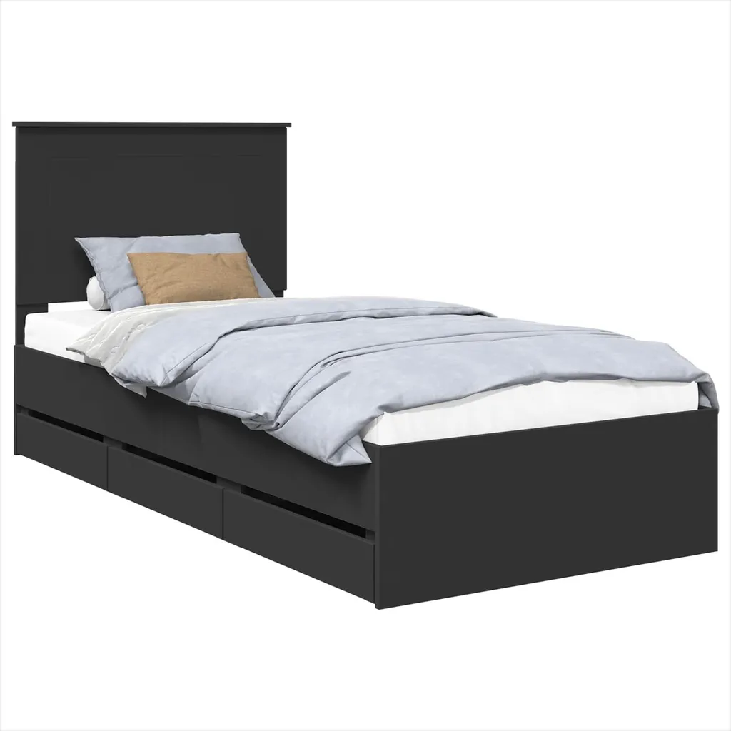Cadre de lit noir avec tiroirs 75x190 cm finition bois d'ingénieur chic