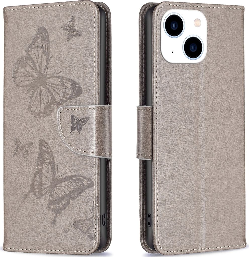 Mobigear Butterfly iPhone 15 Hülle Klapphülle Geldbörse - Grau