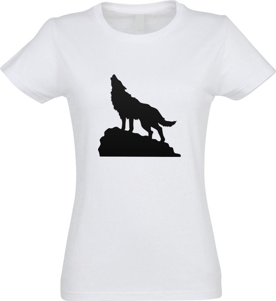 Kiwistar - T-Shirt tailliert - Damen - Weiss - Heulender Wolf auf Fels - mit Motiv Bedruckt - Funshirt Design - Sport - Freizeit - Damen - L