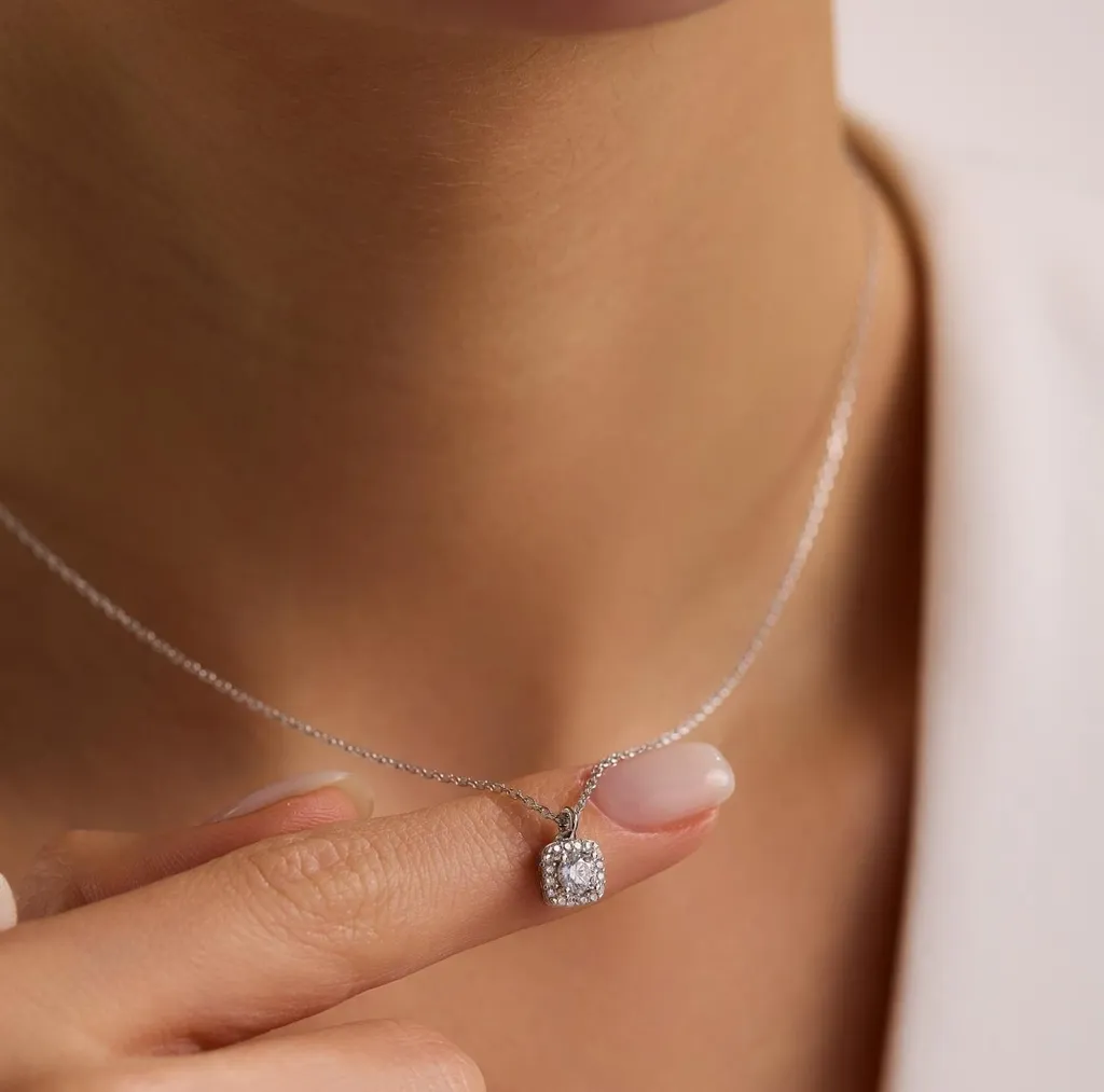 Collier Femme Argent 925 Rhodié - Pendentif Carré Zirconium 45cm