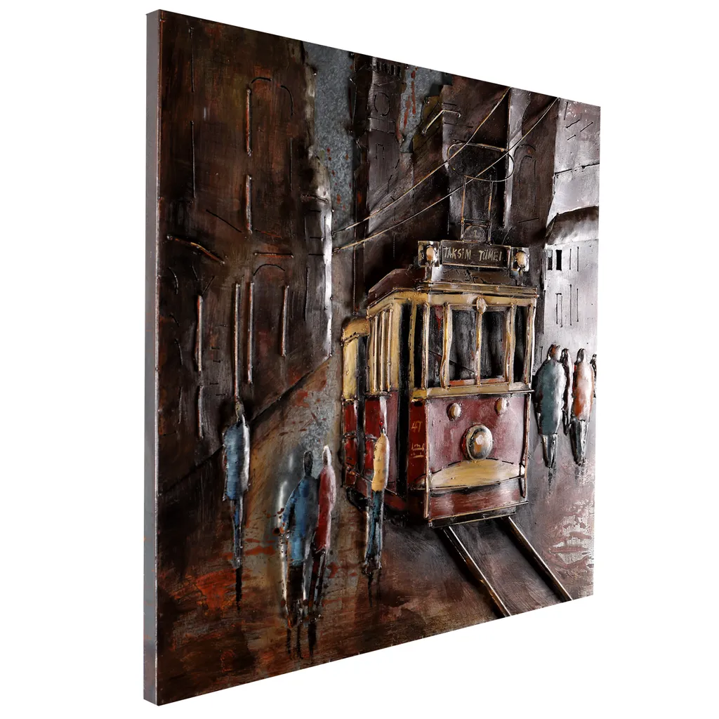 Tableau métal 3D fait main tramway rouge 80x80 cm relief exceptionnel