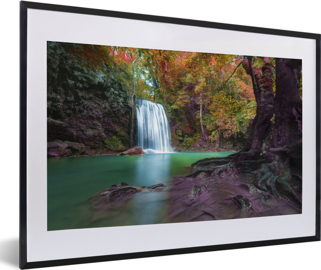 MuchoWow MuchoWow Gerahmtes Poster Bunte Blätter an einem Wasserfall im Erawan-Nationalpark in Thailand 60x40 cm - Poster mit zchwarzem Bilder...