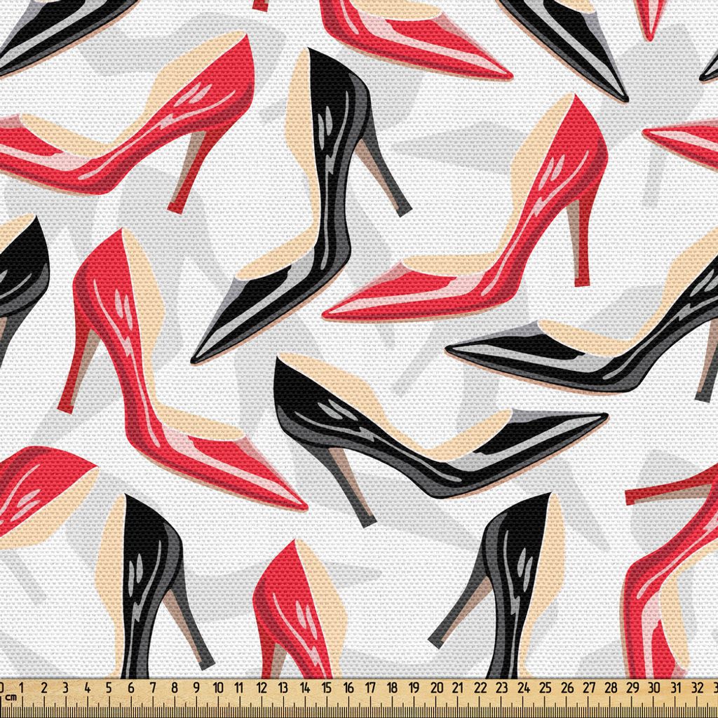 ABAKUHAUS Rot und Schwarz Gewebe als Meterware, Damenmode Muster mit High Heel Stiletto Schuhe Damen Schuhe, 5 M (148 x 500 cm), Scarlet Black Beige