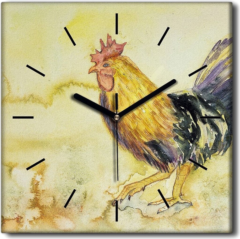 Coloray Uhr auf Leinwand 30x30 cm Wand Uhr Dekoration Wohnzimmer Segeltuch schwarze Hände -Hahn Tier Kura.
