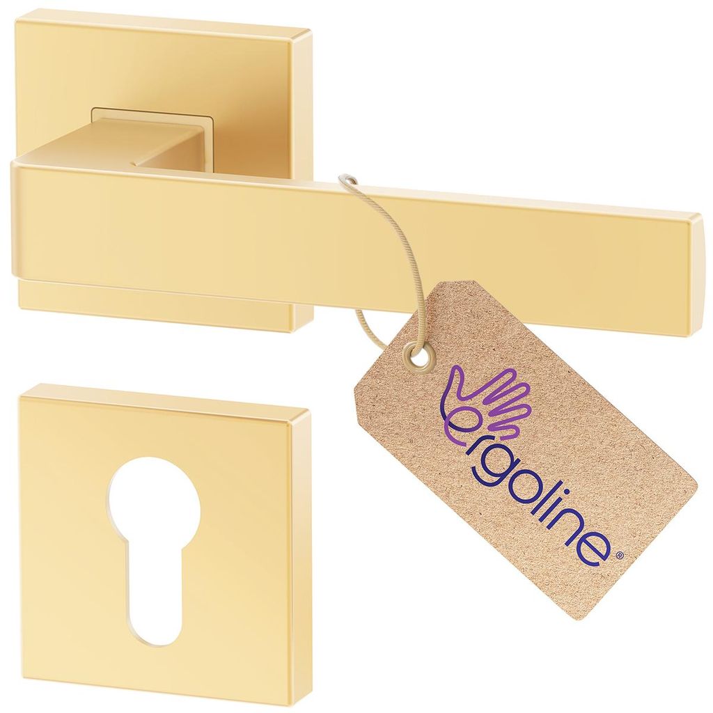 A gold-colored door handle set with a keyhole escutcheon and a branded tag.
