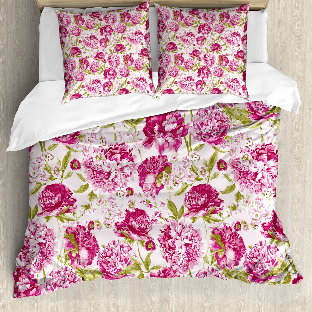 ABAKUHAUS Blumen Bettbezug, Pfingstrosen und Blattblumen, Milbensicher Allergiker geeignet mit Kissenbezügen, 155 cm x 220 cm - 80 x 80 cm, Rosa, ...