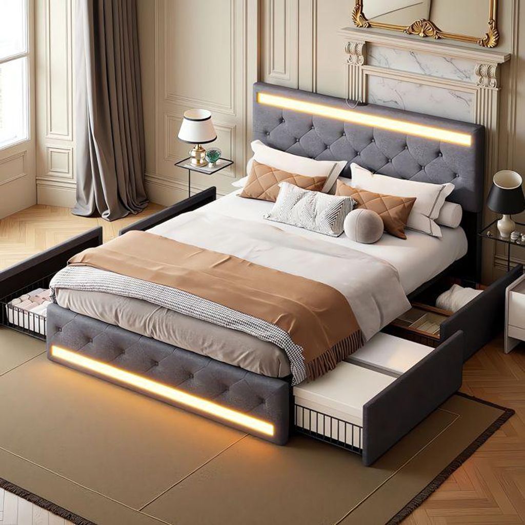 Fortuna Lai Polsterbett 140x200 cm in Grau, Funktionsbett mit 4 Schubladen, höhenverstellbarem Kopfteil, LED und USB-Steckdose, Leinenbezug