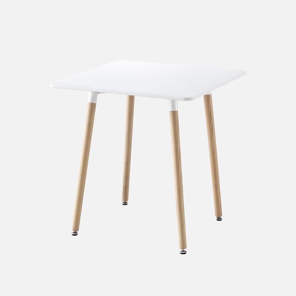A square white table with wooden legs against a white background.