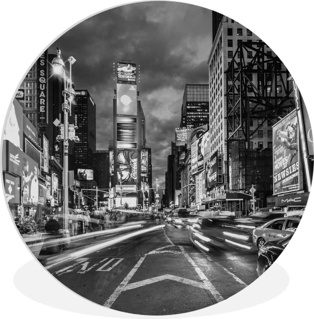 MuchoWow Rundes Wandbild - Runde Bilder Times Square New York - schwarz und weiß Ø 90 cm Kreis Wanddekoration Kunststoff - Wandkreis - Wandschm...