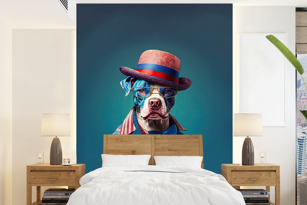 MuchoWow Fototapete für Wohnzimmer oder Schlafzimmer Wandtapete Vinyl Motivtapete Hund - Hut - Jacke - Blumen - Blau - 160x220 cm - Bildschirmhi...