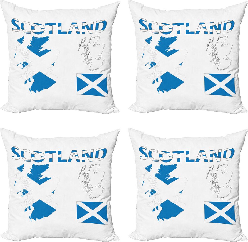 ABAKUHAUS Schottland Kissenbezug Set (4 Stück), Landkarte und die Flagge, Moderner Doppelseitiger Digitaldruck, 45 cm x 45 cm, Kobalt-Blau-Weiß