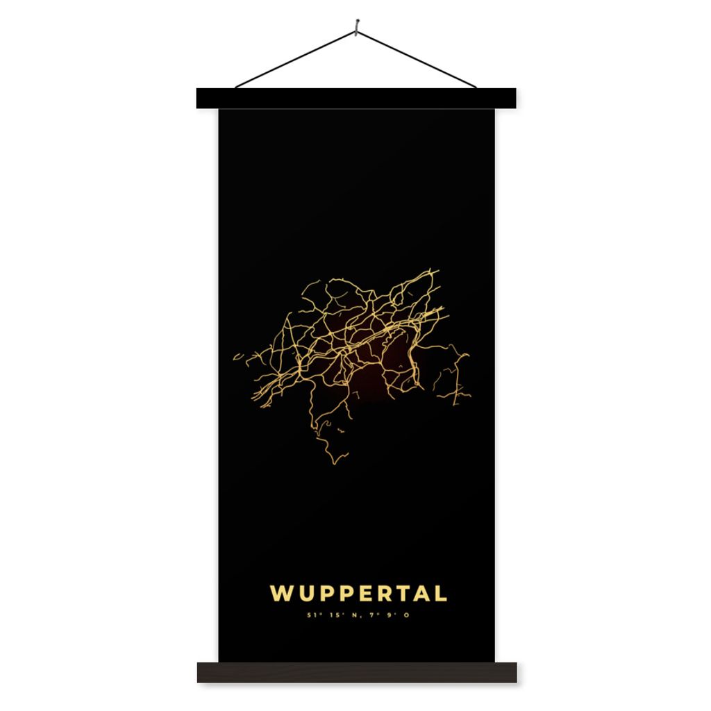 MuchoWow Textilposter Karte - Gold - Wuppertal - Stadtplan - Karte 40x80 cm mit schwarzem Rahmen - Wandemalerei