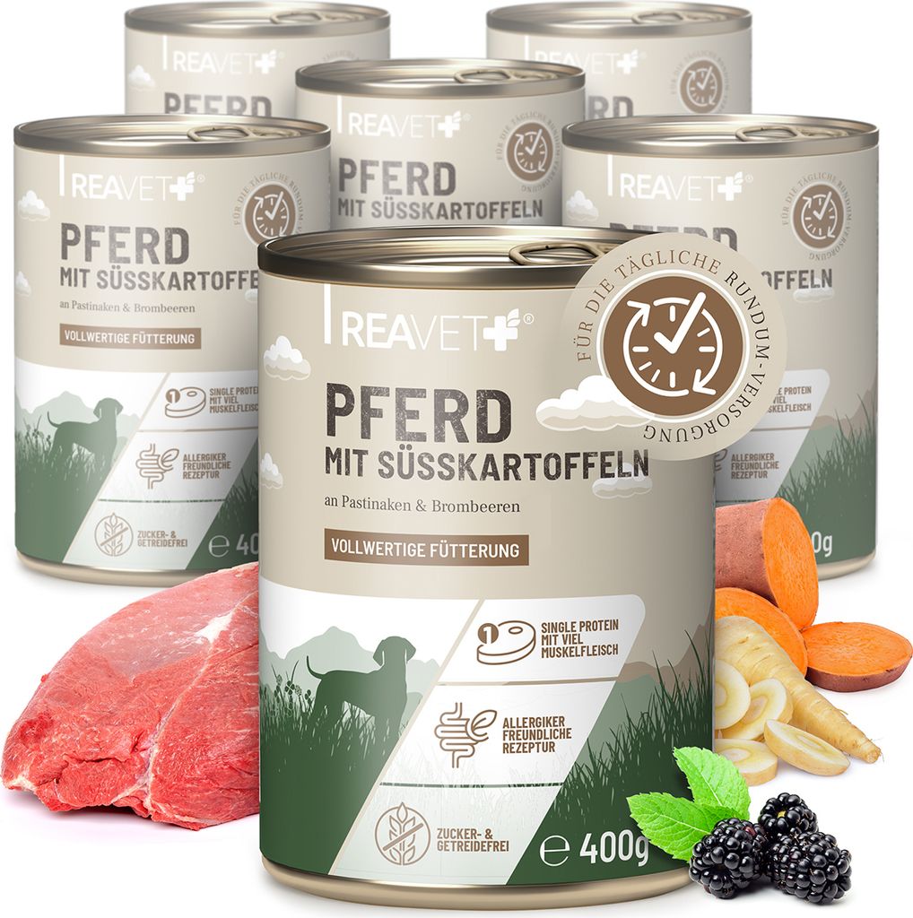 REAVET Premium Hunde Nassfutter - Pferd an Süßkartoffeln & Produktbild 