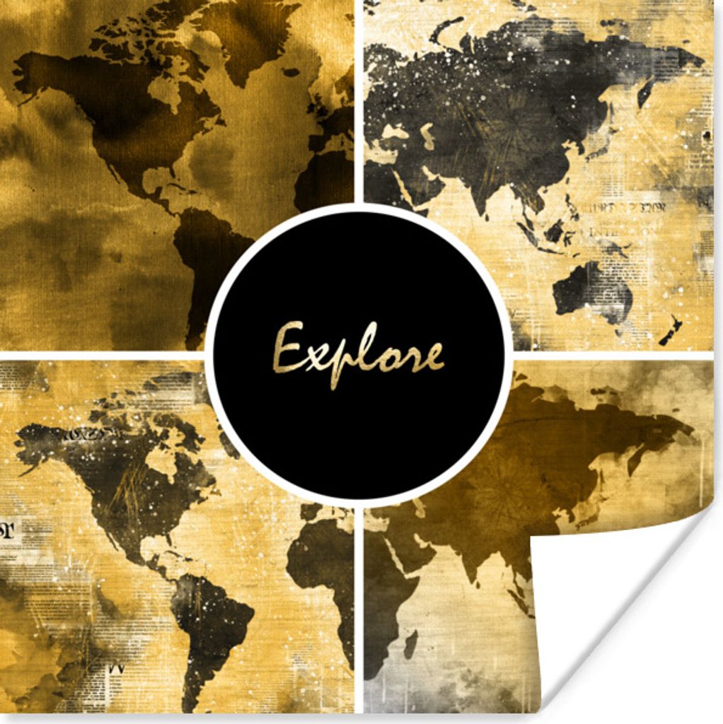 MuchoWow Poster Weltkarten - Collage - Gold 50x50 cm - Wohnzimmerdekoration