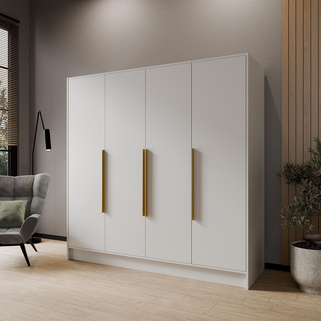 Glatter Drehtürenschrank 200 cm Mila 2 mit Metallgriffen, 4-türiger Kleiderschrank, Schrank mit Einlegeböden und Kleiderstange, Farbe: Weiß, Br...