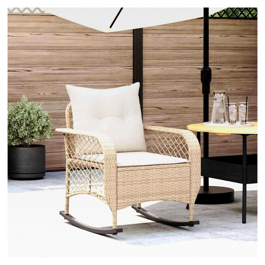 Garten-Schaukelstuhl mit Kissen in Beige aus Poly Rattan
