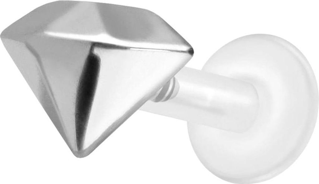 Ohrpiercing, Nasenpiercing PTFE Labret mit Innengewinde + Titan-Aufsatz DIAMANT Silber Stablänge: 7mm | Stabstärke: 1,6mm