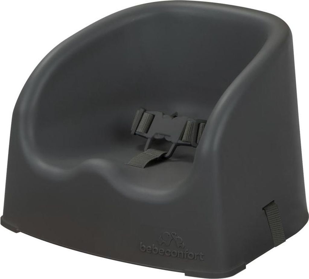 A dark gray booster seat for babies and toddlers.