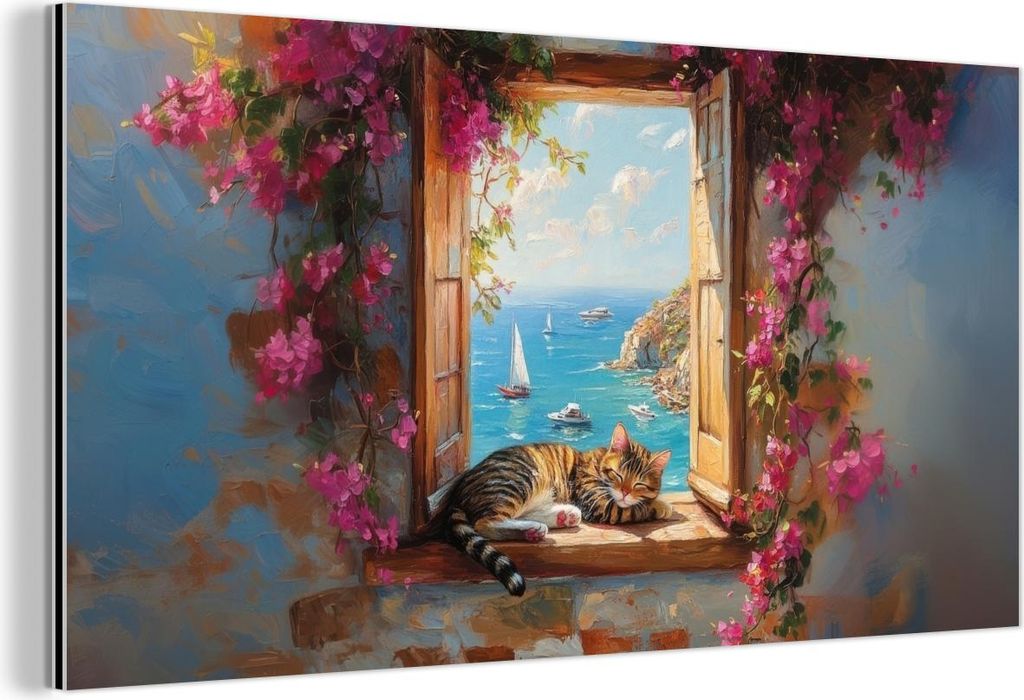 MuchoWow Wanddekoration Metall Metallbild Wandkunst 80x40 cm Katze - Blaues Meer - Rosa Blumen MuchoWow Aluminium Gemälde - Wanddekoration - Alubild
