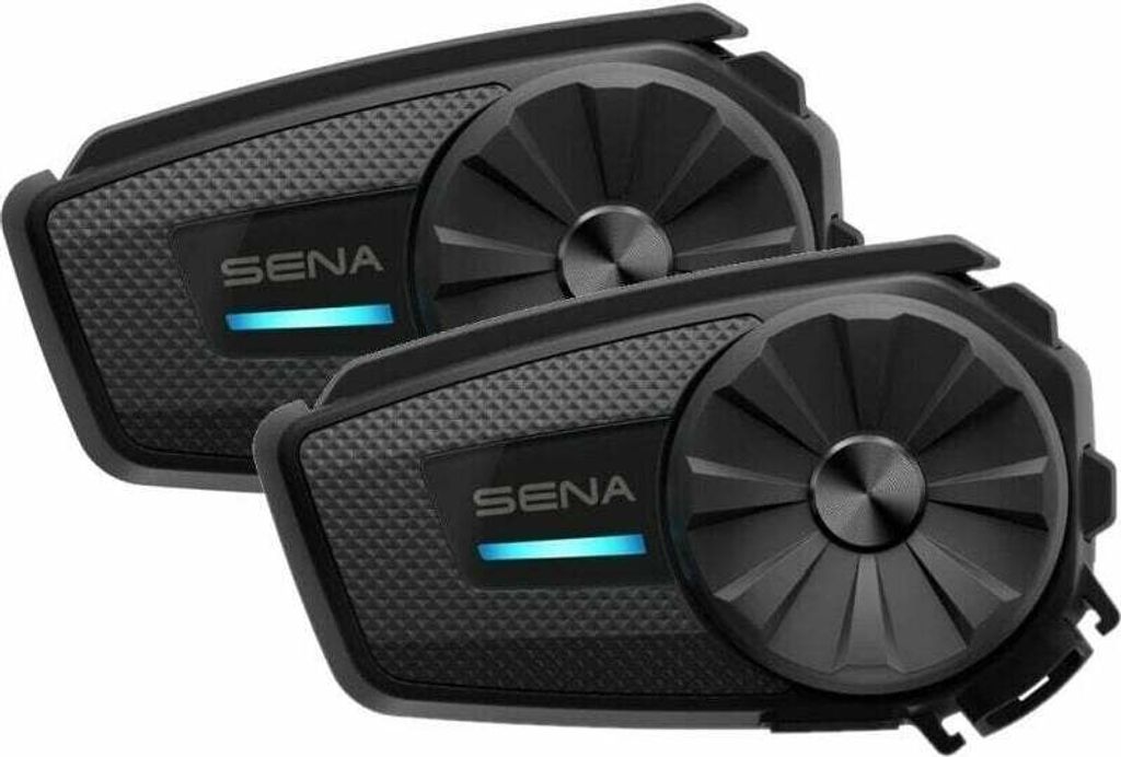 Two black Sena communication systems are shown against a white background.