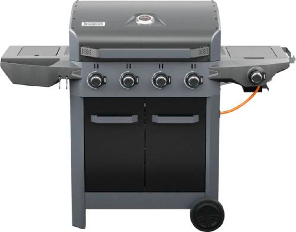 Gasgrill TENNEKER Carbon TG-4 U mit 4 Brenner + Powerzone, gusseiserner Grillrost, Seitenablage mit GN-Behälter, Platfor