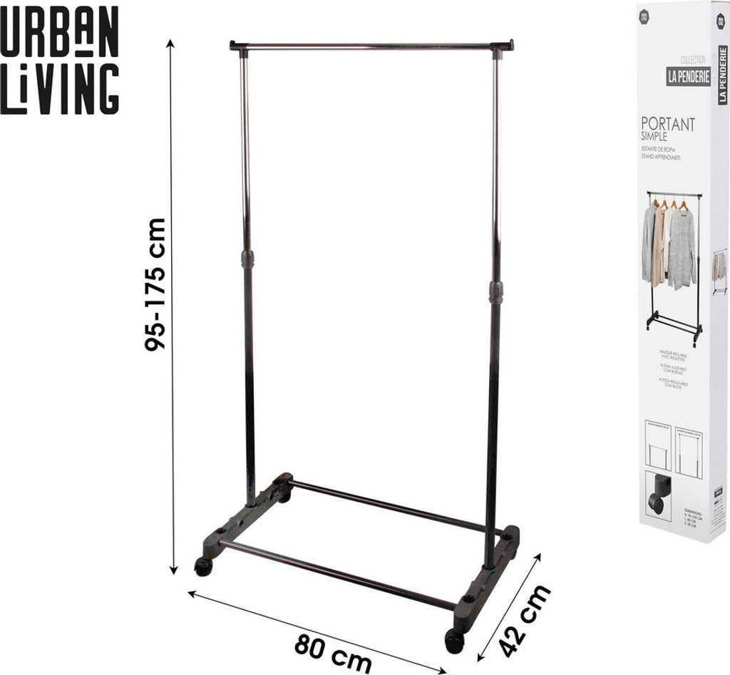 A clothing rack with dimensions indicated, shown against a white background. A product box with an image of the clothing rack is visible on the right.