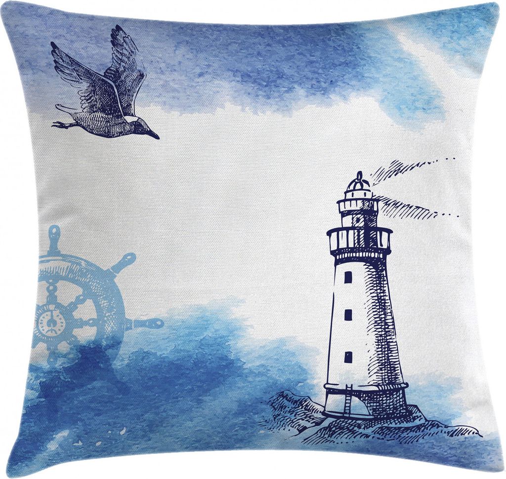 ABAKUHAUS Leuchtturm Kissenbezug, Handdrawn Art Anker, Kissenbezug Beidseitiges Muster Klarer Digitaldruck Farbfest mit Reißverschluss, 50 x 50 cm...