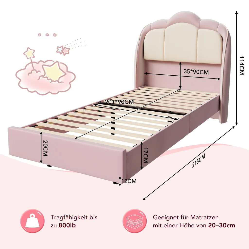 Lit LED Musical Rose 90x200 cm Design Nuage et Structure Suspendue - 4