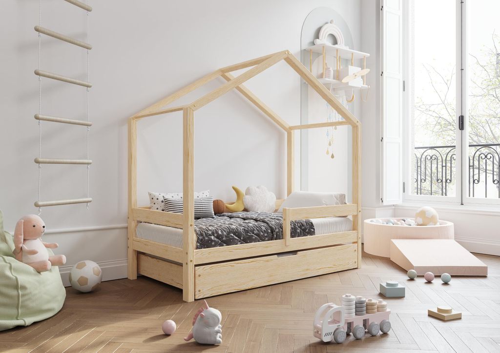 TIMBEE HUFIE Duo Hausbett Doppelbett Kinderbett Holz mit Schublade mit Schlaffunktion - Unlackiert - 70x140cm